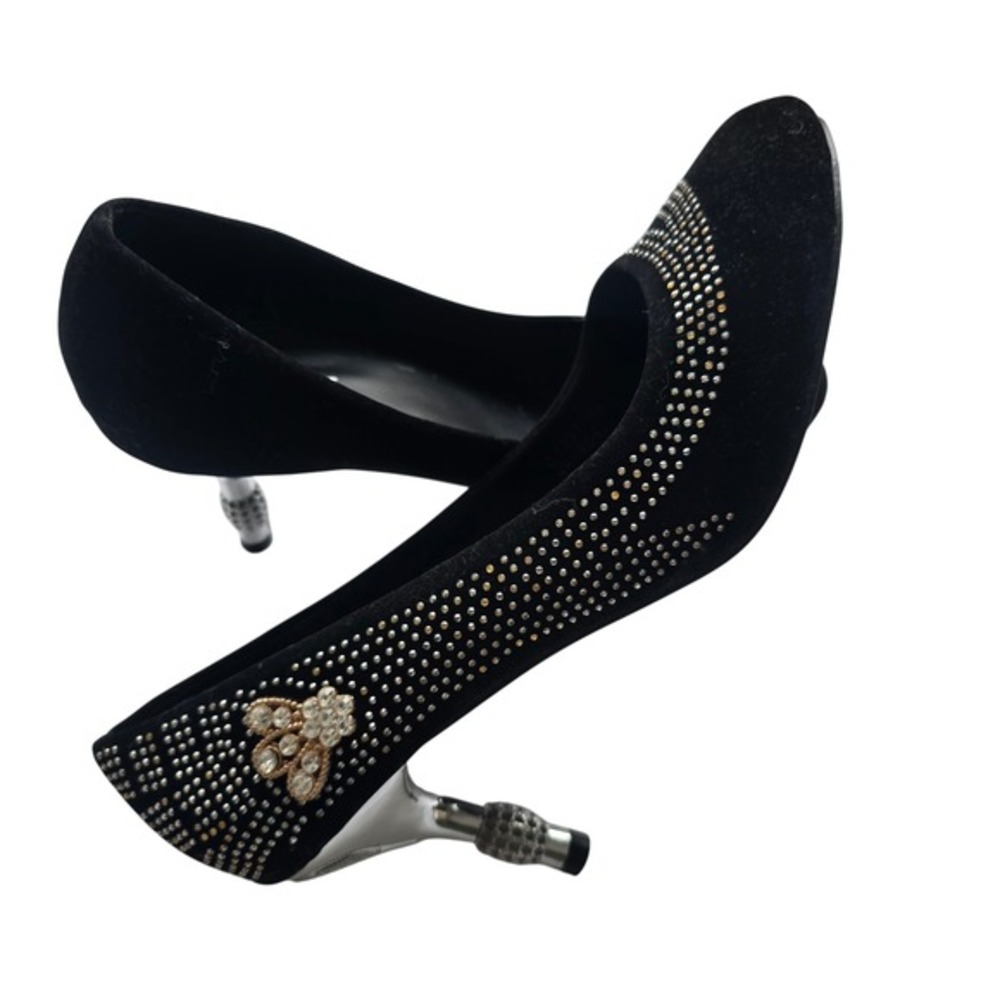 Nikan Black Faux Suede Rhinestone Studded Pointed Toe Kitten Heel Pumps‎ Size 41
